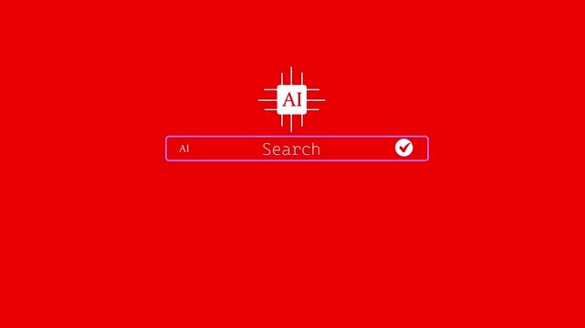 "Minimalist flat design animation of artificial intelligence central AI microchip icon over web search bar with checkmark tick button on vibrant solid red background stock video"