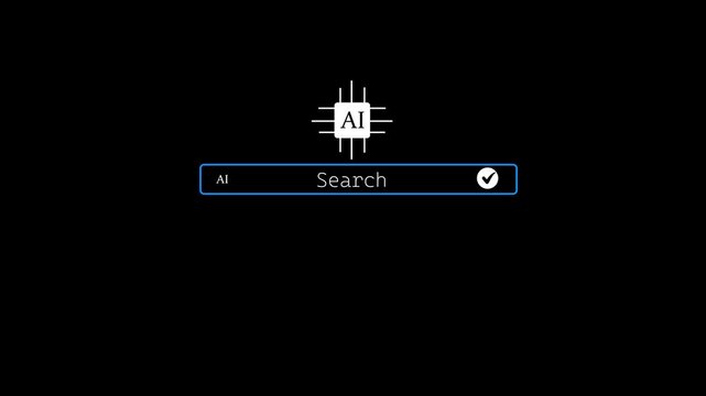 "Neon blue glowing framework animation of artificial intelligence central AI microchip icon over web search bar with white checkmark tick button on dark black background stock video"