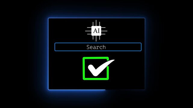 "Neon blue glowing framework animation of artificial intelligence central AI microchip icon over web search bar with white checkmark tick button on dark black background stock video"