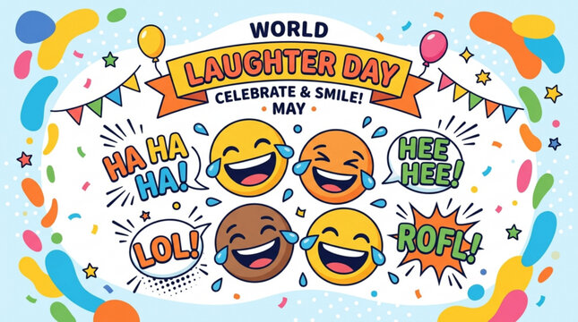 World Laughter Day celebration with laughing emojis and confetti a concept for joy and happiness vector illustration