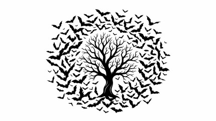Fototapeta premium Halloween event Black silhouette Tree, birds, flock, silhouette, nature, wildlife, vector icon isolated on White Background eps