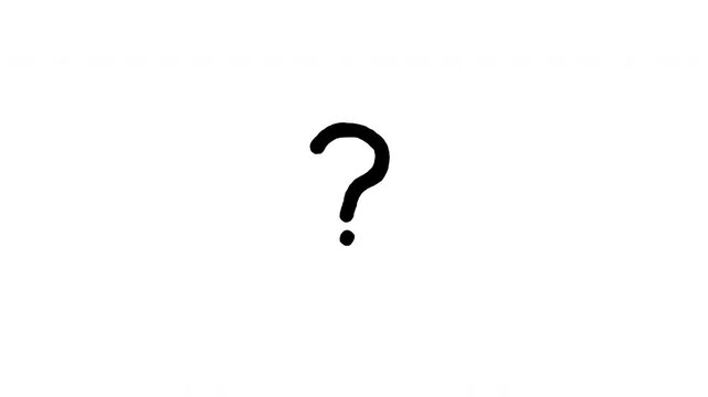 Hand drawn black question mark icon animation on white background overlay, white doodle question mark grunge animation 4K