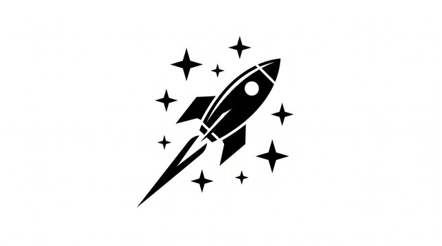 A minimalist black silhouette icon of a rocket ship blasting off diagonally, surrounded by simple four-pointed stars, isolated on a solid white background.