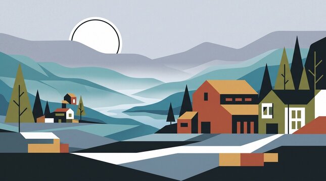 Modern Geometric Mountain Village Landscape Illustration Featuring Cozy Countryside Houses, Rolling Hills, Pine Forest, Serene Lake, Layered Mountains, and a Minimalist Sunrise Sky, Contemporary Flat 