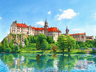 Obraz premium Sigmaringen, Deutschland: Zeichnung des Schlosses