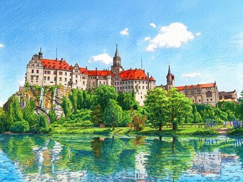 Sigmaringen, Deutschland: Zeichnung des Schlosses