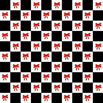 Cute Seamless Red Bow Checkerboard Pattern on Black and White Background
