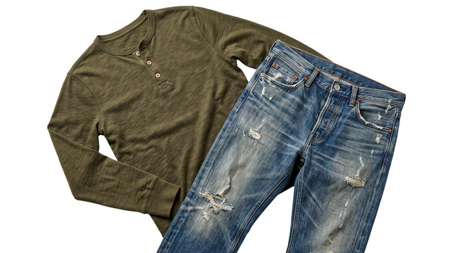 Casual men's outfit with olive green henley shirt and distressed blue jeans, flat lay of male fashion apparel, vintage denim trousers and knit top