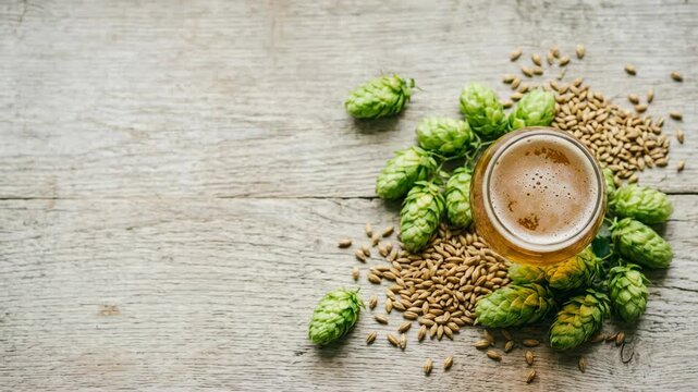 Beer glass with crisp hops and grain on rustic wooden background. Natural ingredients for brewing process. Top view of craft beverage concept for brewery design.
