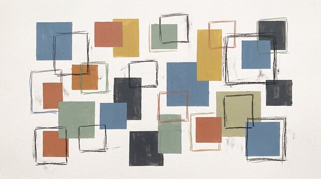 Modern Geometric Abstract Composition Featuring Overlapping Colorful Squares and Rectangles in Blue, Gray, Olive Green, Mustard Yellow, Rust Orange, and Black, Contemporary Minimalist Canvas Art, Mid-