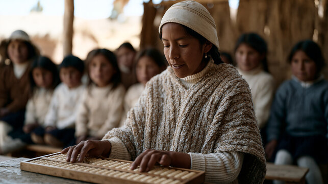 Peruvian school teacher using abacus to teach arithmetic to mixed-age rural classroom group seated on low benches, highland Andean setting, community education, indigenous
