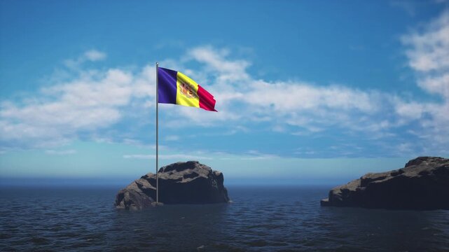 Andorra Flag Standing In The Middle Of The Ocean Near A Rock