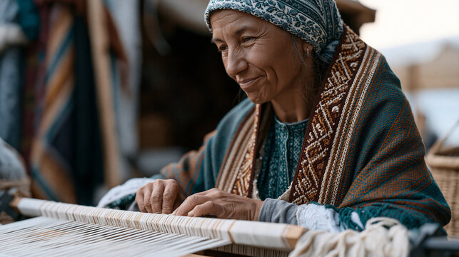 Roma textile artisan at outdoor market stall sewing intricate embroidered border onto festival shawl, portable sewing frame, Eastern European craft tradition, Autumn fair setting,