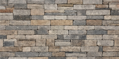 Fototapeta premium Gray beige light brown stone brick wall surface texture background with staggered pattern design for construction architecture projects
