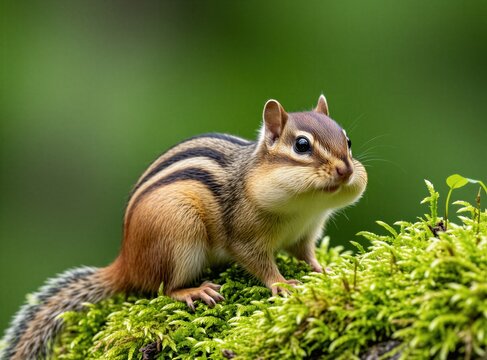 Small chipmunk with full cheeks sits on bright green moss. Its striped fur stands out against soft blurred background. Wild mammal prepares for hibernation or gathers food.