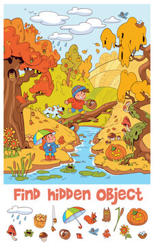Educational kids illustration. Autumn. Find hidden objects. Puzzle with children, animals, and nature. Develops attention, visual perception, and observation skills through playful learning. Vector