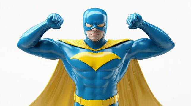 Strong blue superhero flexing biceps, isolated on white background.