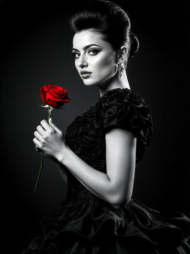 Dramatic black and white portrait of elegant woman in black dress holding red rose with selective color on the flower
