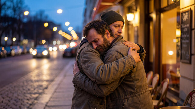 Two adult men embracing on evening city sidewalk outside cafe showing friendship comfort grief support compassion mental health connection empathy during vulnerable urban moment after hardship