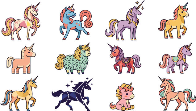 Magical unicorn character collection featuring various poses and styles for fantasy themed graphic design projects