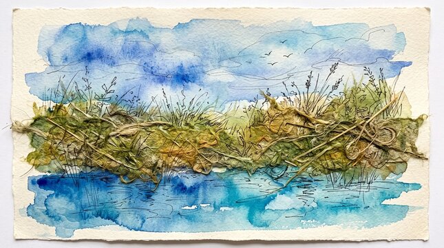 Peaceful Watercolor Wetland Landscape Painting Featuring Natural Grasses, Calm Blue Water, Soft Sky Reflections, Rustic Marsh Scenery, Delicate Botanical Details, Contemporary Nature Artwork, Hand Pai
