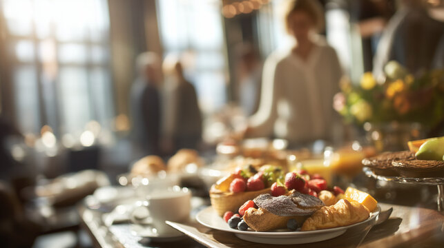 Elegant hotel breakfast buffet featuring croissants, fresh berries, fruit, pastries and orange juice in warm morning light. Premium hospitality, brunch dining and healthy breakfast lifestyle concept.