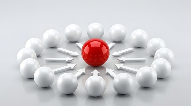 White spheres with inward arrows pointing at central red sphere. Concept of centralized business management, team collaboration, and focus strategy.