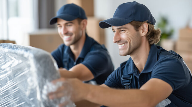 Professional movers carefully wrapping furniture with protective film during residential relocation. Moving service, packing, logistics, home relocation and customer satisfaction concept.