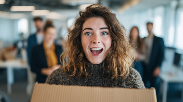 Happy young woman holding a cardboard package with excited expression in a modern office. Delivery, online shopping, surprise, relocation and business concept.