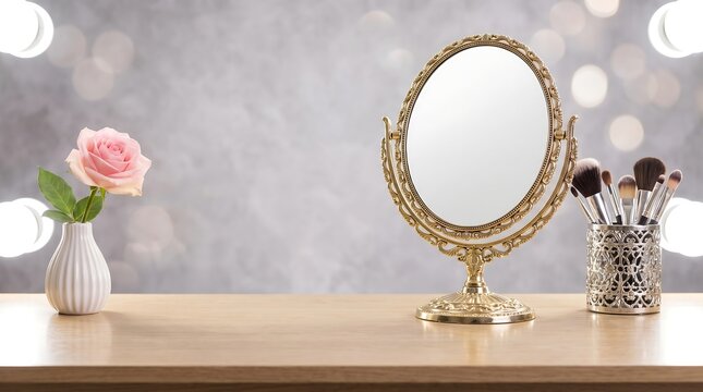 Ornate gold makeup mirror with brushes and pink rose on wooden table for elegant beauty salon branding background web