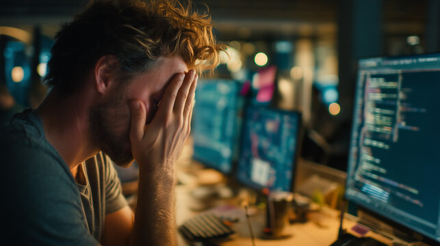 Burned out programmer covering face while working in front of computer screens at night. Stress, coding fatigue, overtime and mental exhaustion concept.