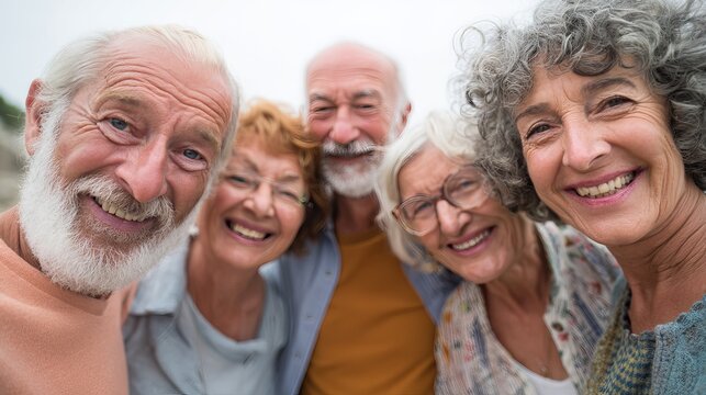 A joyful group of four senior friends smiling closely together, celebrating friendship and enjoying a happy, active lifestyle.