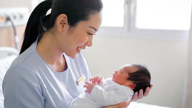 Nurturing moments a caring nurse holding a newborn baby in a hospital room capturing the essence of compassion and care