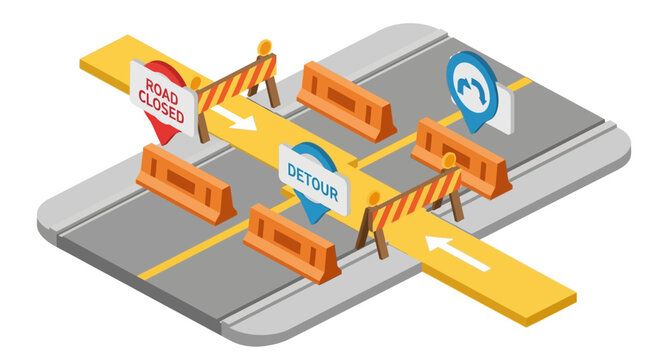 Isometric illustration of a road closure with a detour route and traffic barriers, indicating a redirect for vehicles, concept for navigation and construction