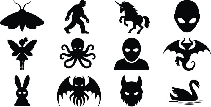 Diverse Mythical Creatures and Fantasy Icons Black Silhouettes Collection Keywords: mythical creatures, fantasy, icons