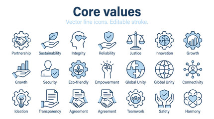 Fototapeta premium Vector graphic illustration Set of business core values line icons representing corporate ethics mission vision integrity teamwork and leadership in a modern blue style