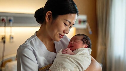 Fototapeta premium Tender moment as a compassionate nurse holds a newborn baby in a warm hospital environment