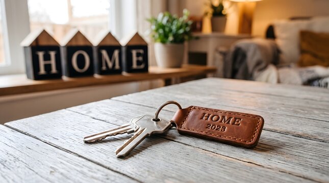 Metallic house keys with a brown leather embossed home keychain