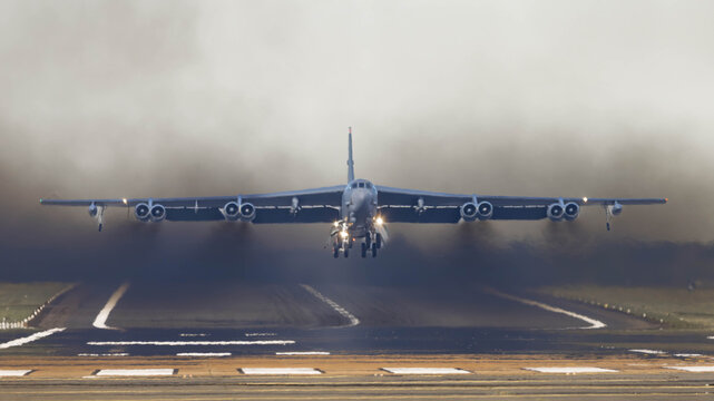 B52 bomber taking off from an airfield in the Gloucestershire countryside, 25th April 2026 
