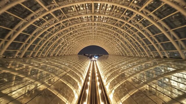 Architectural glass dome with geometric pattern at night low angle shot