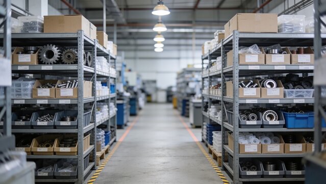 Modern factory storeroom featuring organized spare parts inventory for manufacturing equipment maintenance.