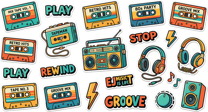 Retro nineties eighties music sticker set with boombox cassette tapes headphones speaker and nostalgic slang typography elements vector illustration