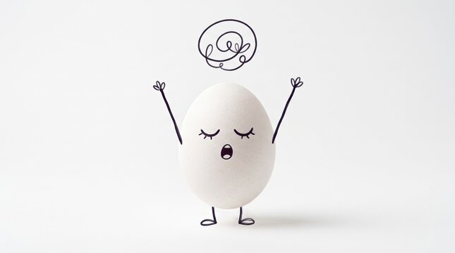 White chicken egg doodle character yawning sleepily with hand drawn stretching arms on white background