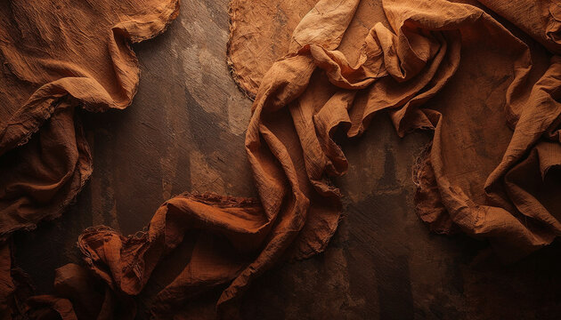 Tattered threadbare earthy sheets brown wood background