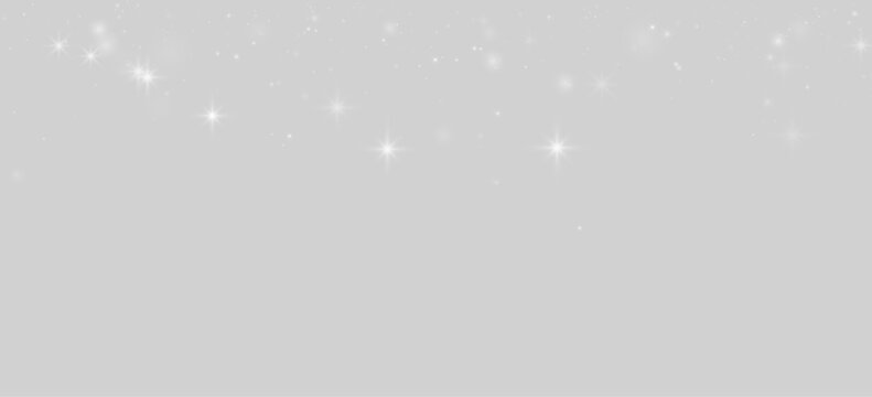 Luminous white dust glows with tiny sparkling stars and crystal brilliance. Floating glitter creates peaceful snowy elegance. Perfect for transparent vector.