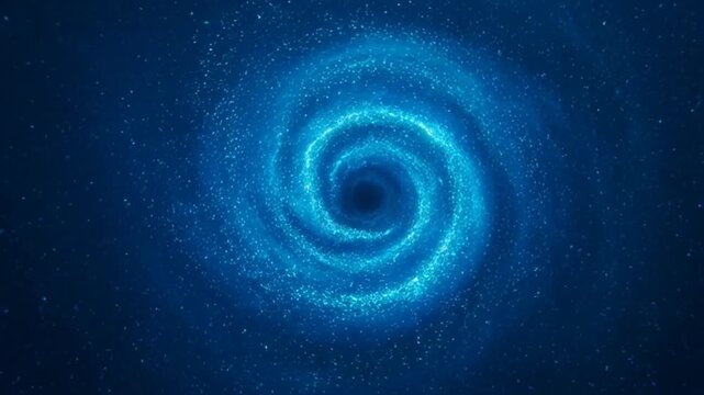 Abstract blue cosmic vortex spiral particle animation representing a black hole or wormhole in deep space.