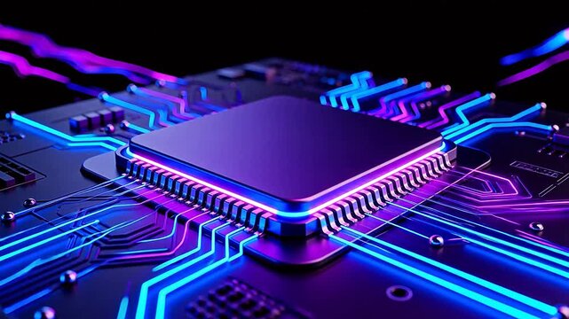 Electronic circuit board with glowing neon lines