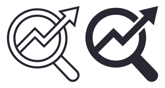 Magnifying glass with rising arrow graph icon outline and solid style representing growth and analytics on transparent background