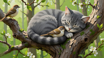 Grey tabby cat slepic peacefully on tree branch in spring forest. Small songbird rests on cat tail, also sleeping. White blossoms and green leaves surround them. Art style is painterly. © Vadym
