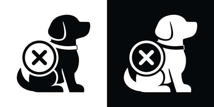 Sitting dog icon featuring a circular cross / X mark symbol. Great for pet prohibition signs, no-entry areas, or restricted animal zones.